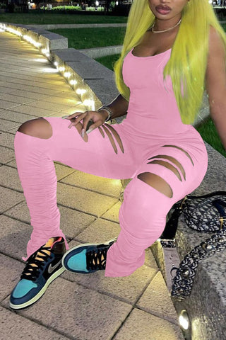 Slit Hem Slash Solid Color Jumpsuit