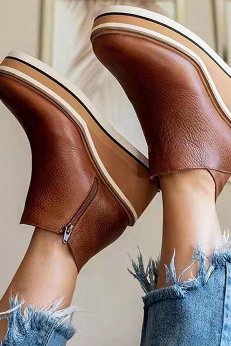 Soft Leather Round Head Slope Heels Short Boots
