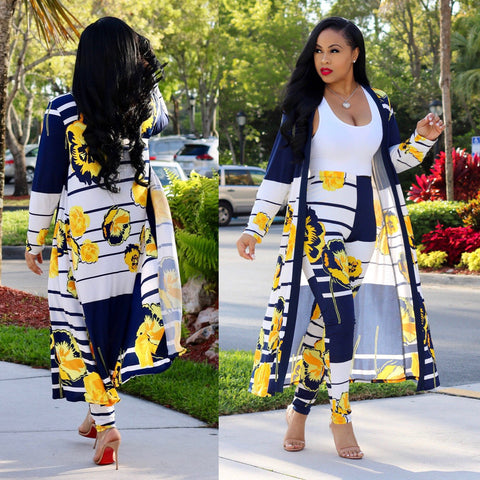 Plus Size All Over Print Midi Cardigan Two Piece Pants Set