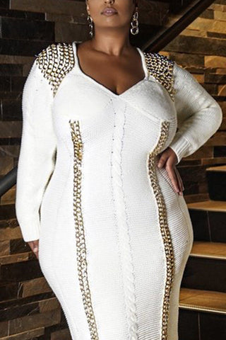 Online-clothing-plus-size-split-joint-long-sleeve-with-golden-chain-knit-sweater-midi-dress