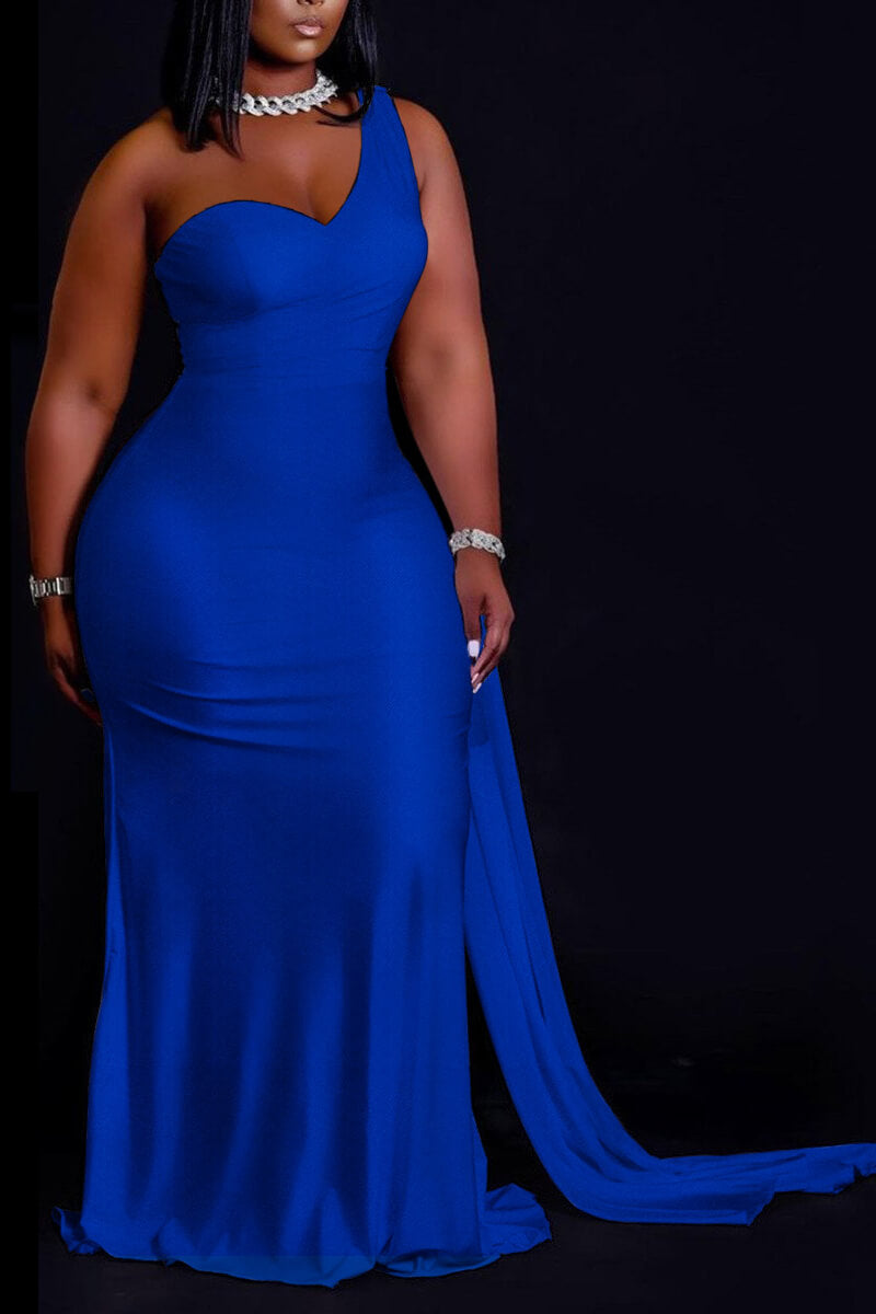 Online-clothing-plus-size-champagne-elegant-one-shoulder-dress-maxi-dress
