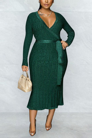Online-clothing-plus-size-solid-v-neck-bandage-midi-dress