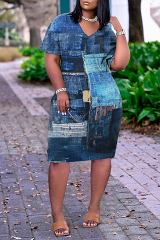 Rodress-freeshipping-plus-size-v-neck-print-pocket-dress