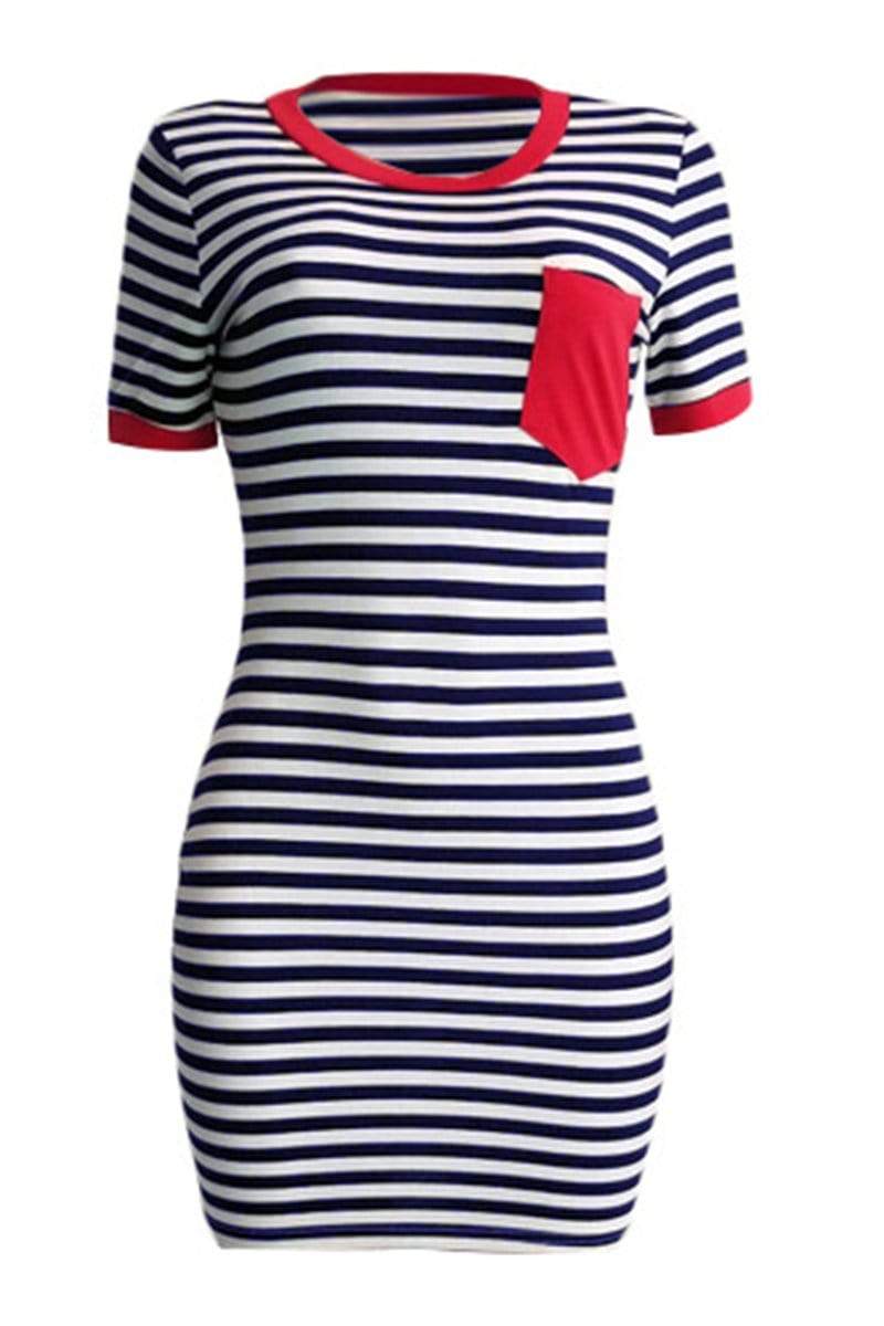 Casual Striped Printing Short Sleeved Dress - VogueRegion