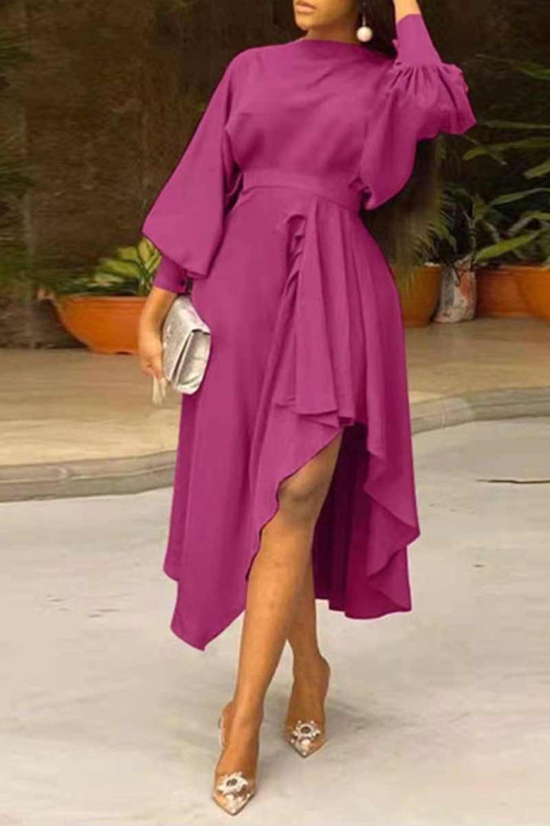 Plus Size Wine Red Ballon Sleeves Asymmetrical Midi Dress