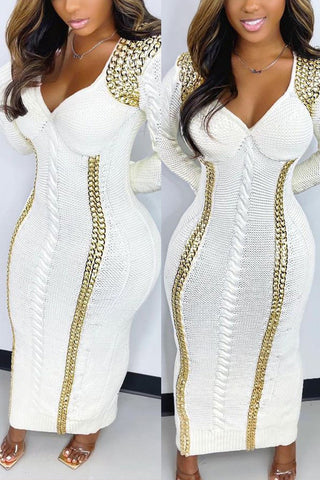 Online-clothing-plus-size-split-joint-long-sleeve-with-golden-chain-knit-sweater-midi-dress