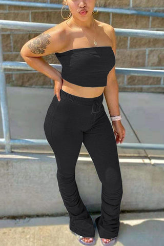 Strapless Wrinkled Drawstring Waist Two Piece Sets