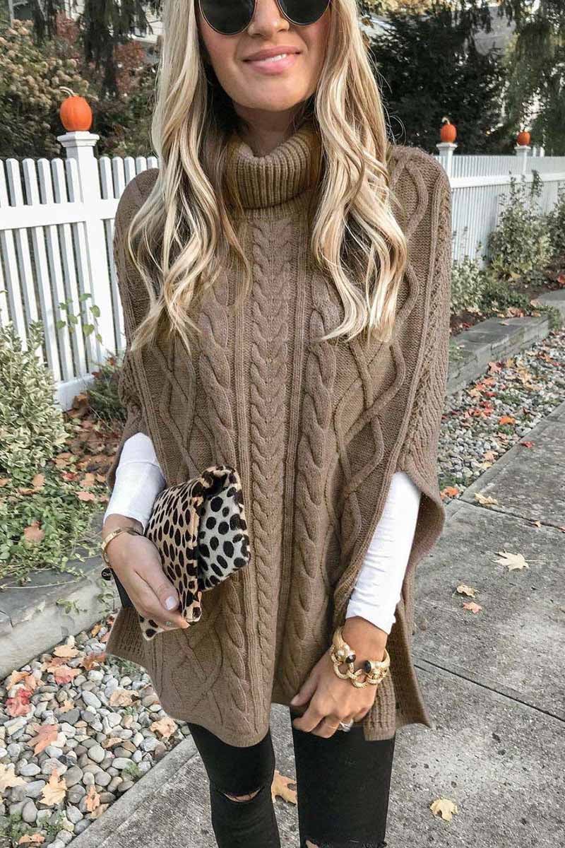 High Neck Loose Cable Knit Pattern Stitching Sweater Tops （7 Colors）