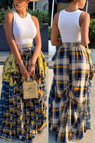 Fashion Loose Plaid Print Stitching Skirt