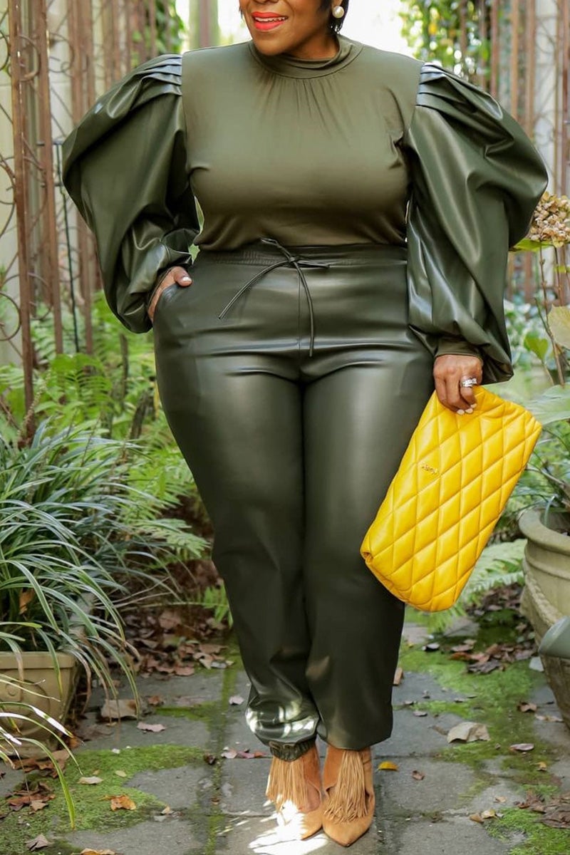 Plus Size Solid PU Leather Puff Sleeve Patchwork Pants Two Pieces Set