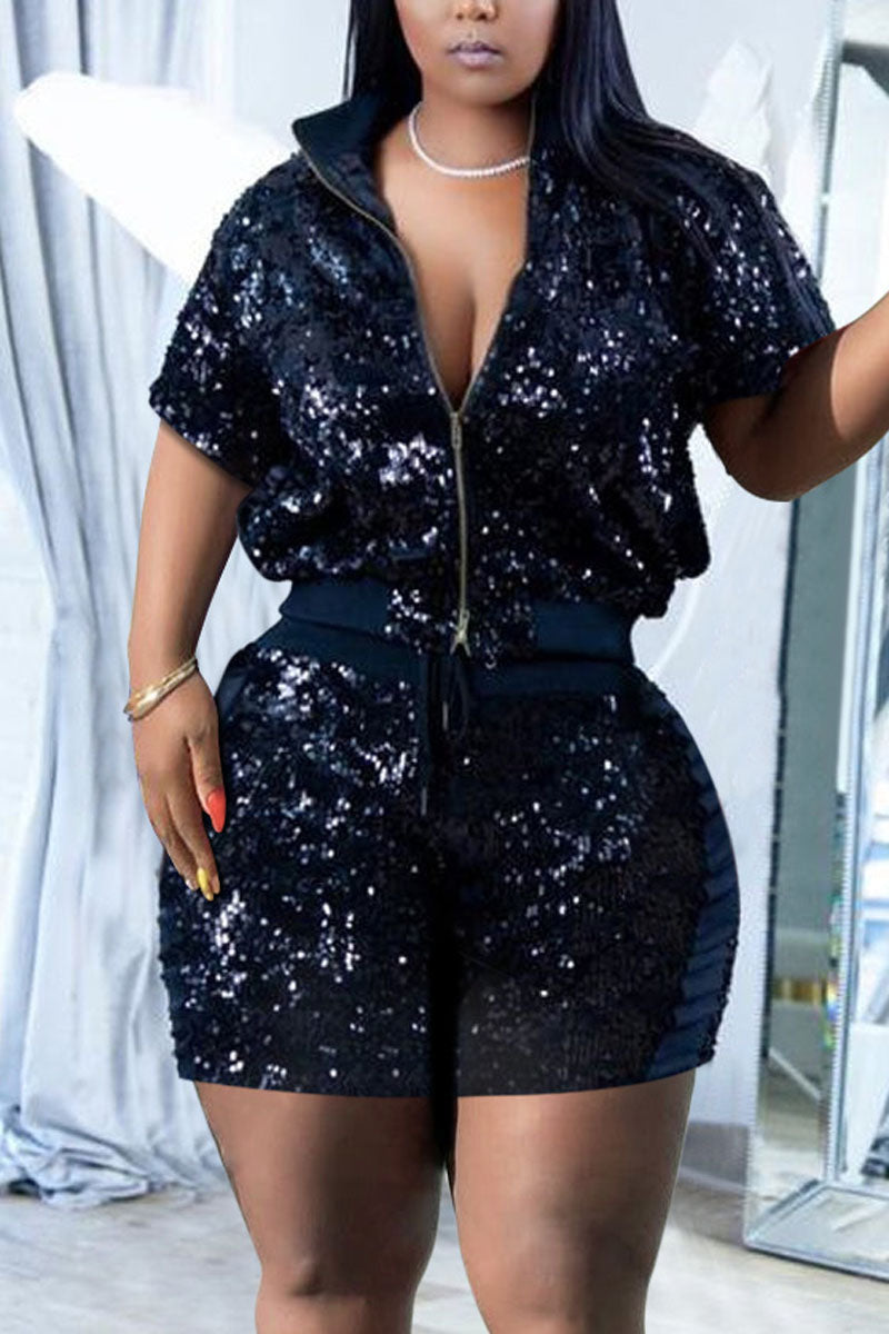 [Pre-Sale]Plus Size Casual Black Sequin Two Piece Shorts Set