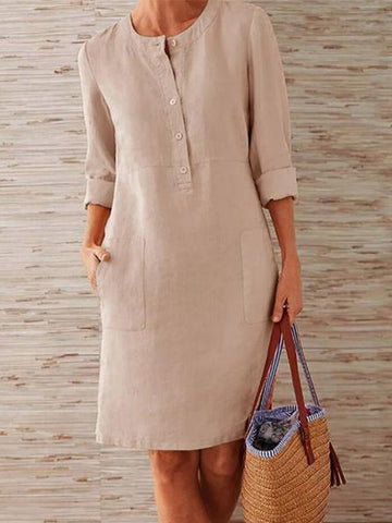Solid Color Stand Collar Long Sleeve Buttoned Dress