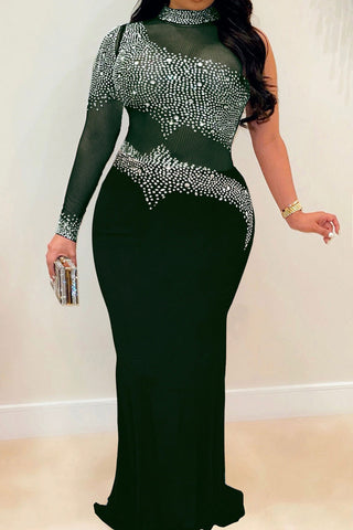 Online-clothing-plus-size-turtleneck-see-through-sequin-one-sleeve-maxi-dress