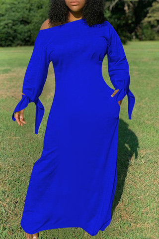Plus Size Casual Solid One Shoulder Long Sleeves Knotted Maxi Dress