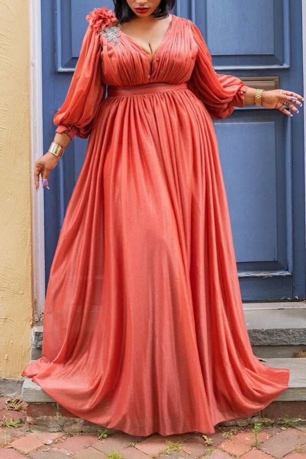 Plus Size Plain Dresses  Long Sleeve Lantern Sleeve Maxi Dress