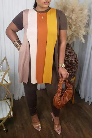 Free-shipping-online-clothing-plus-size-o-neck-colorblock-fringe-two-piece-set