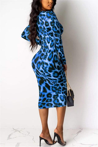 Leopard Deep V Long Sleeve Dress