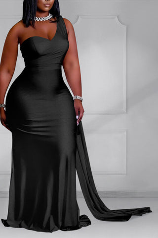 Online-clothing-plus-size-champagne-elegant-one-shoulder-dress-maxi-dress