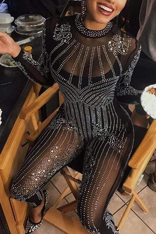 Sexy See-Through Hot Drilling Decorative Jumpsuits