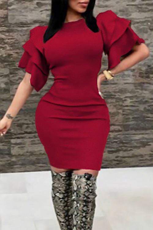 Sexy Ruffle Sleeves Wine Red Knee Length Dress