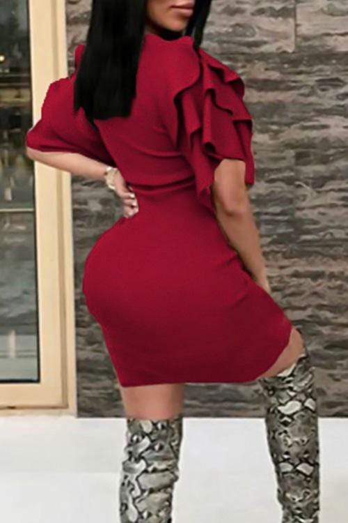 Sexy Ruffle Sleeves Wine Red Knee Length Dress