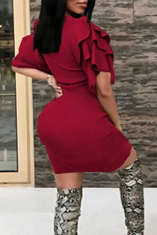 Sexy Ruffle Sleeves Wine Red Knee Length Dress