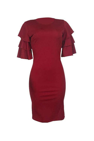 Sexy Ruffle Sleeves Wine Red Knee Length Dress