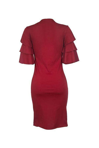 Sexy Ruffle Sleeves Wine Red Knee Length Dress