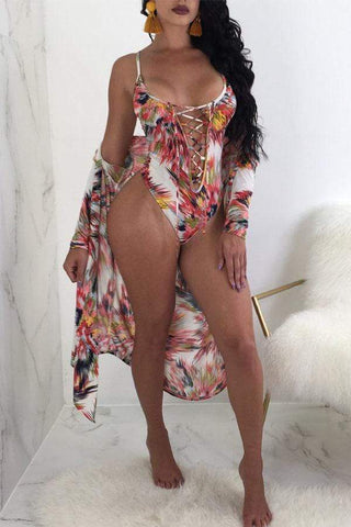 Sexy Lace-up Leaf Printed One-piece Swimwears(With Cover-up)