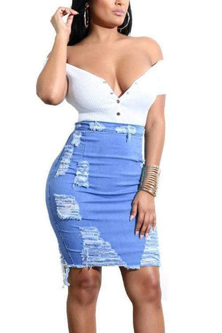 Trendy Broken Holes Light Sheath Denim Knee Length Skirts