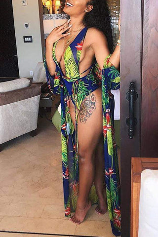 VogueRegion Casual Leaf Printed Swimwears(With Cover-Ups) - VogueRegion