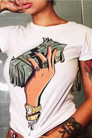 Casual Round Neck Cartoon Printed  T-shirt