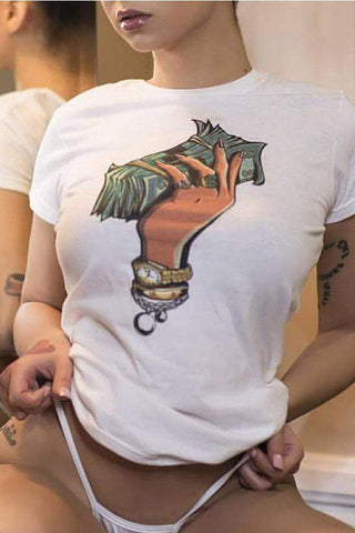 Casual Round Neck Cartoon Printed  T-shirt