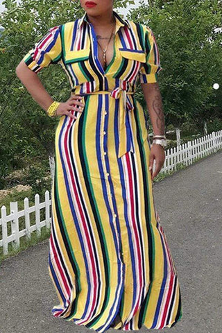 Striped Yellow Floor Length Dress