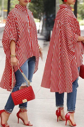 Casual Striped Asymmetrical Blouses