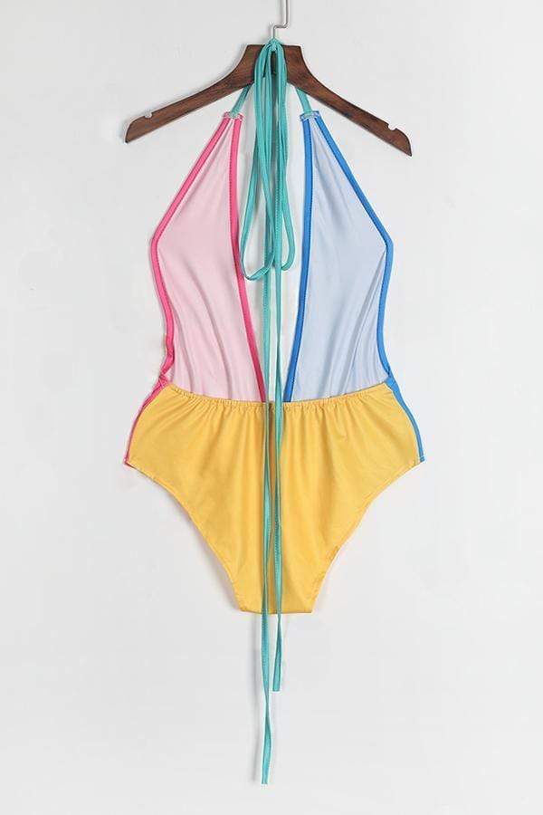 VogueRegion Casual Patchwork Skinny   One-piece Swimwear(Include Coat and Belt ，Without Bag) - VogueRegion