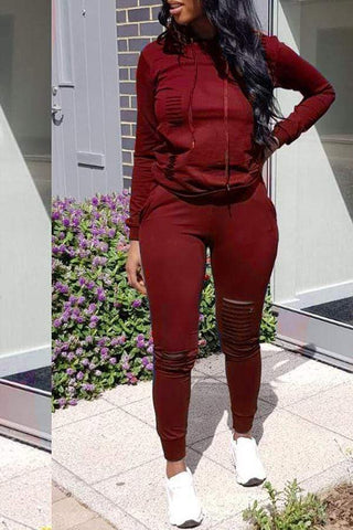 Casual Hooded Collar Broken Holes Pants Set