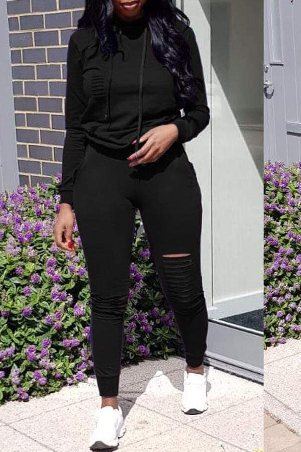 Casual Hooded Collar Broken Holes Pants Set