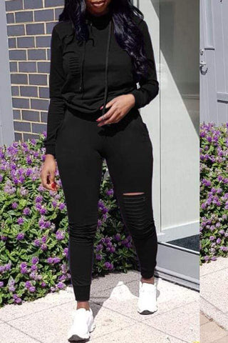 Casual Hooded Collar Broken Holes Pants Set