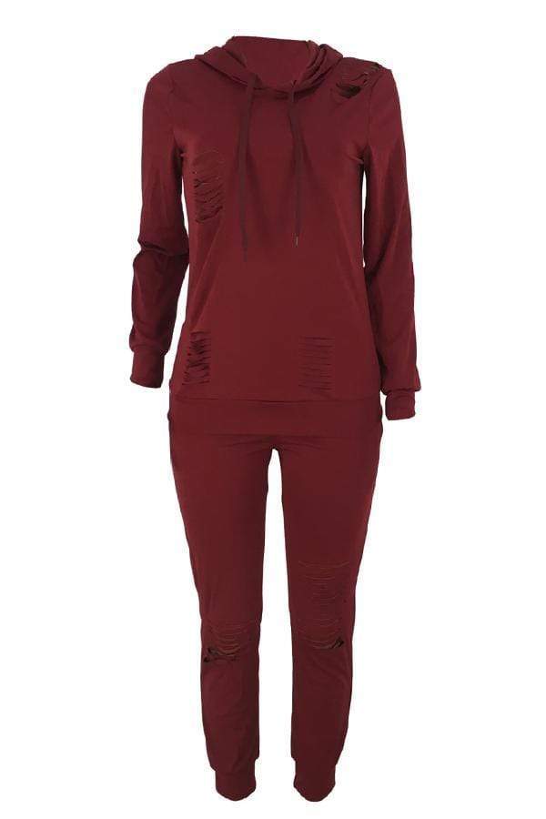 Casual Hooded Collar Broken Holes Pants Set