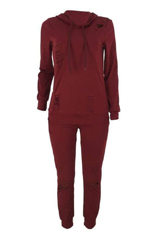 Casual Hooded Collar Broken Holes Pants Set