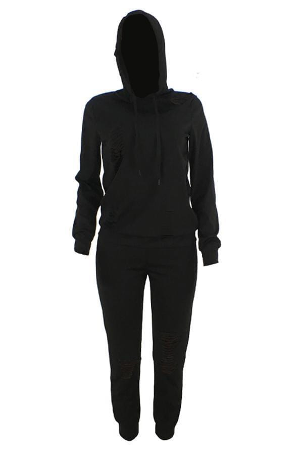 Casual Hooded Collar Broken Holes Pants Set