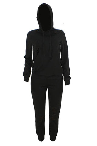 Casual Hooded Collar Broken Holes Pants Set