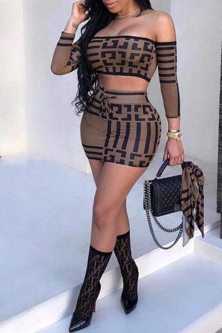 Sexy Dew Shoulder Printed Coffee Skirt Set