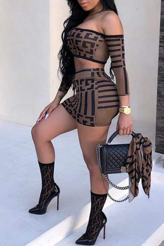 Sexy Dew Shoulder Printed Coffee Skirt Set