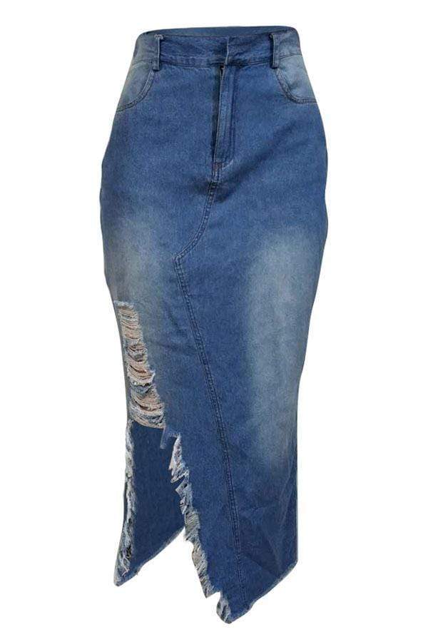 VogueRegion Casual Broken Holes Slim Denim Mid Calf Skirts - VogueRegion