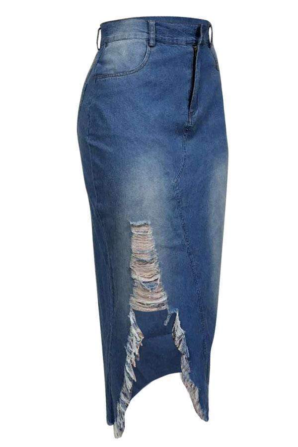 VogueRegion Casual Broken Holes Slim Denim Mid Calf Skirts - VogueRegion