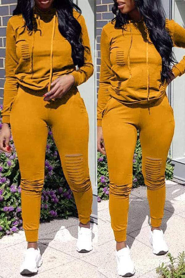Casual Hooded Collar Broken Holes Pants Set
