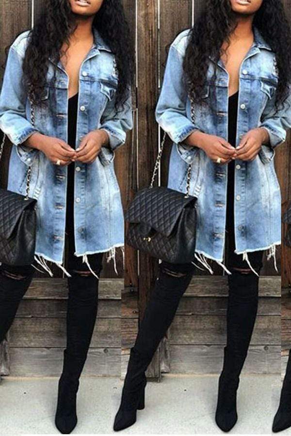 Casual Broken Holes Light Blue Denim Coat