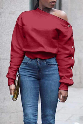 Trendy oblique shoulder Button sweatshirt
